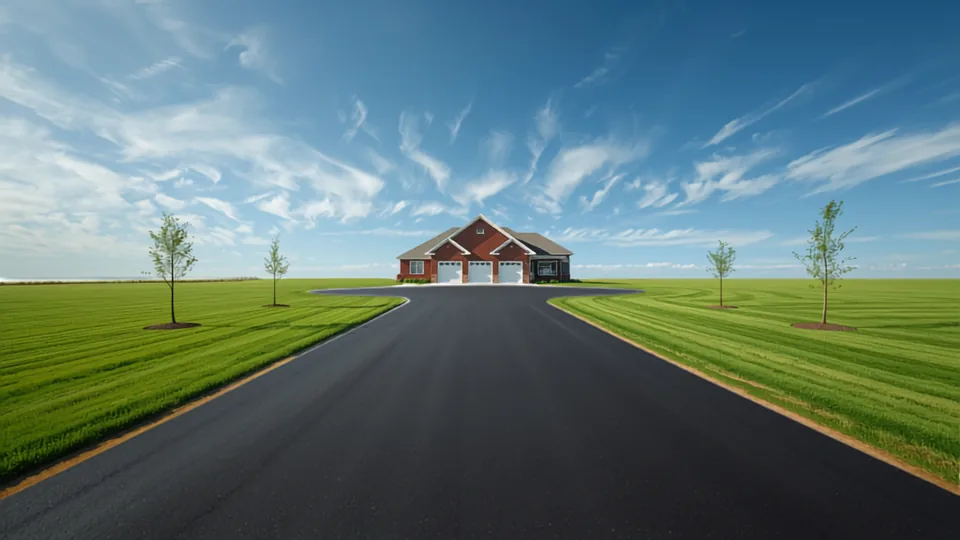Long private asphalt drive crossing open acreage to a brick ranch house near Andover, Kansas