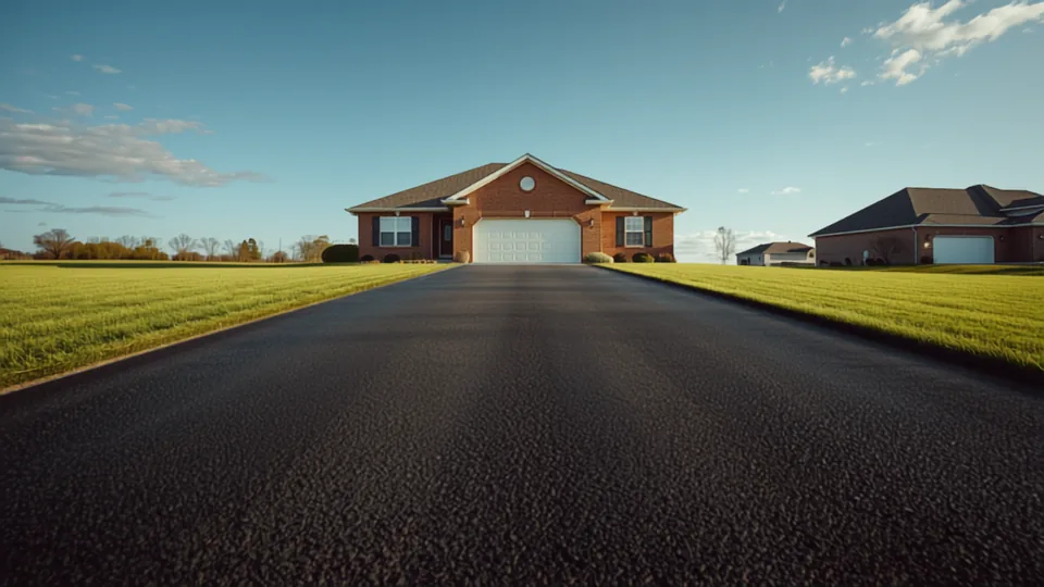 New asphalt driveway running between mowed lawns to the attached garage of a brick Wichita-area home