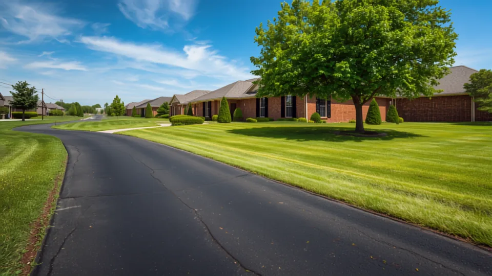 Asphalt street curving past mature shade trees and brick ranch homes in an established Derby, Kansas neighborhood