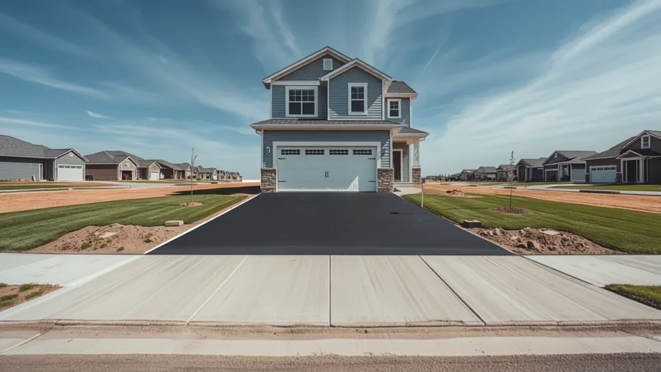 Asphalt driveway apron at a new two-story house in a Goddard, Kansas subdivision
