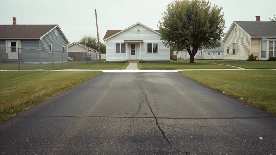 Aging asphalt pavement with a hairline crack in front of a modest frame house in Haysville, Kansas