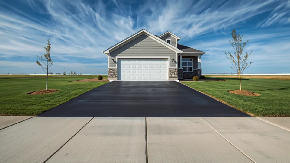 Newly paved asphalt driveway at a recently built home on a flat Maize, Kansas lot