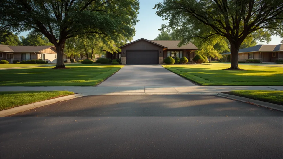 Driveway leading to an attached garage at a mid-century ranch home in Park City, Kansas