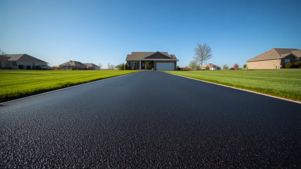 Freshly sealcoated asphalt driveway with a glossy black finish and a crisp edge against the lawn