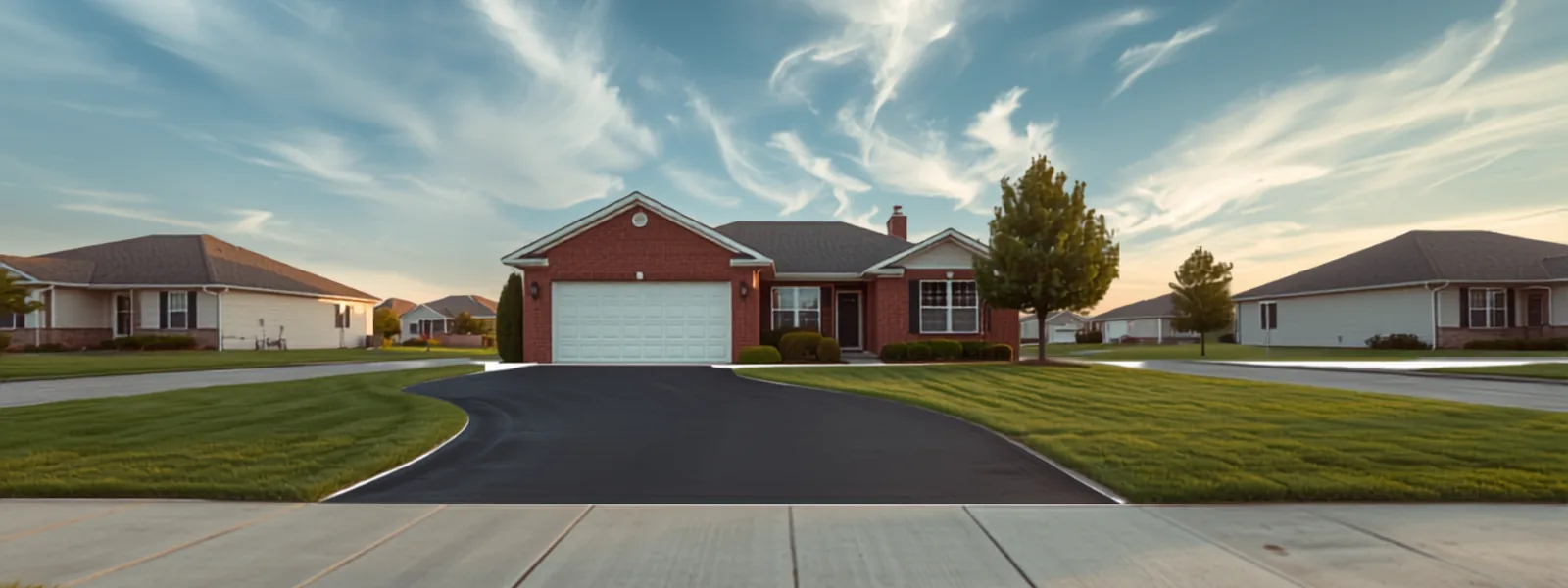 Freshly paved asphalt driveway leading to a brick ranch home in a flat Kansas neighborhood at golden hour